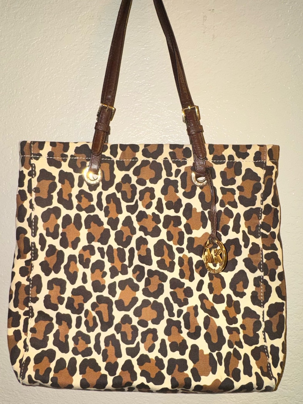 MK Leopard Print Tote Bag with Brown Leather Straps